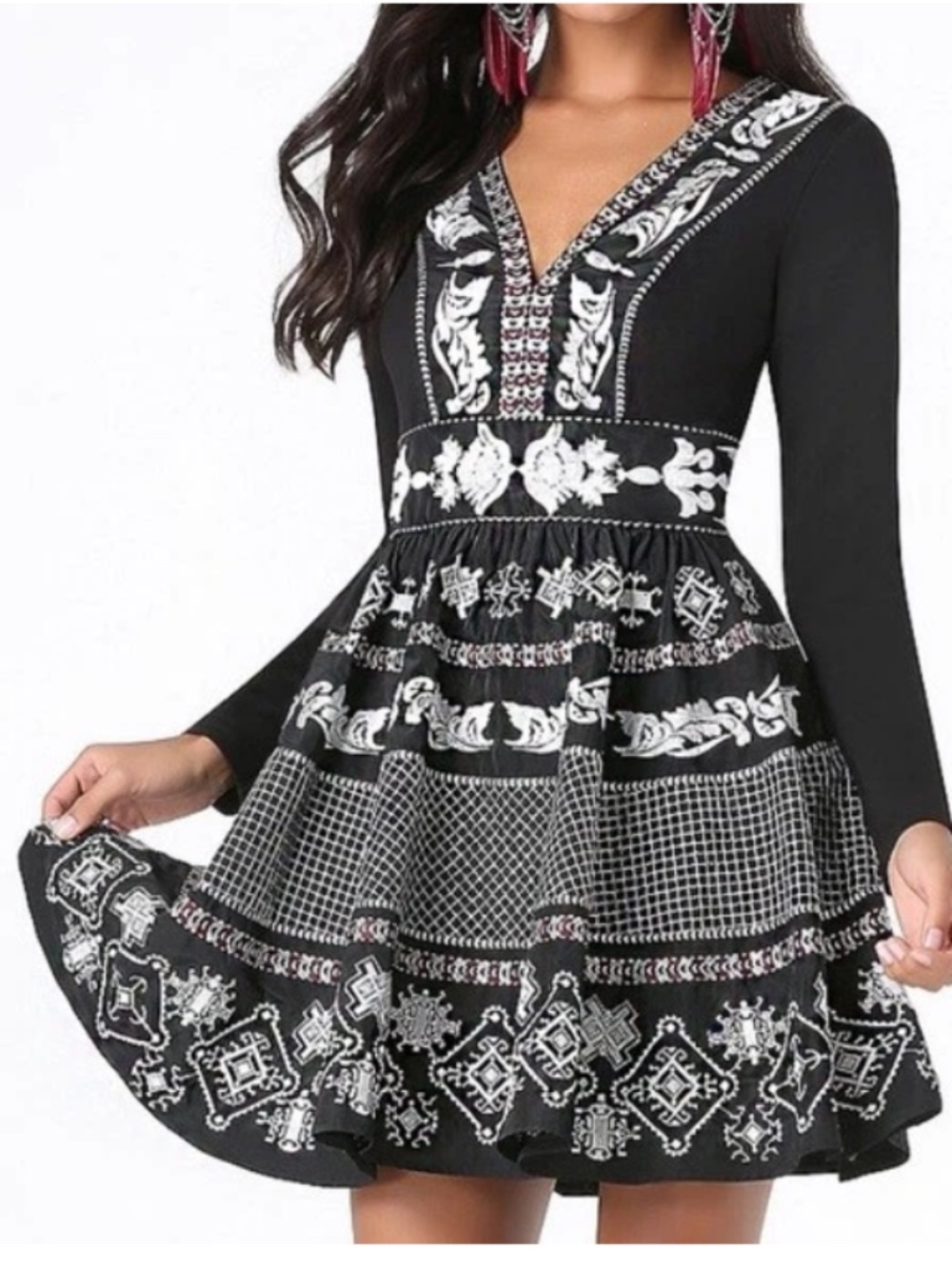 $200 New bebe black fit flare embroidered taffeta long sleeve top dress XS 2